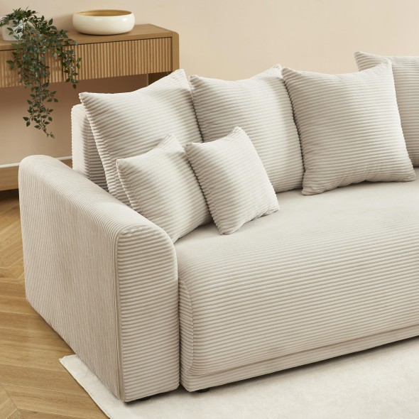 Canapé droit convertible 3 places SOLINE velours côtelé beige