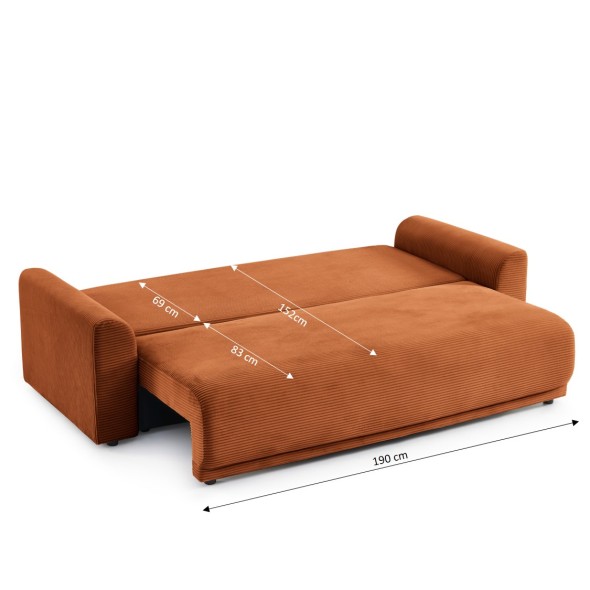 Canapé droit convertible 3 places SOLINE velours côtelé terracotta