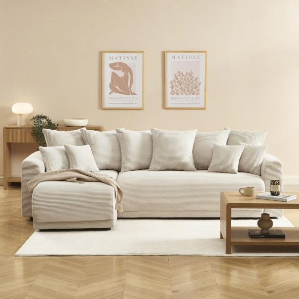 Canapé d'angle convertible et réversible 4 places SOLINE velours côtelé beige