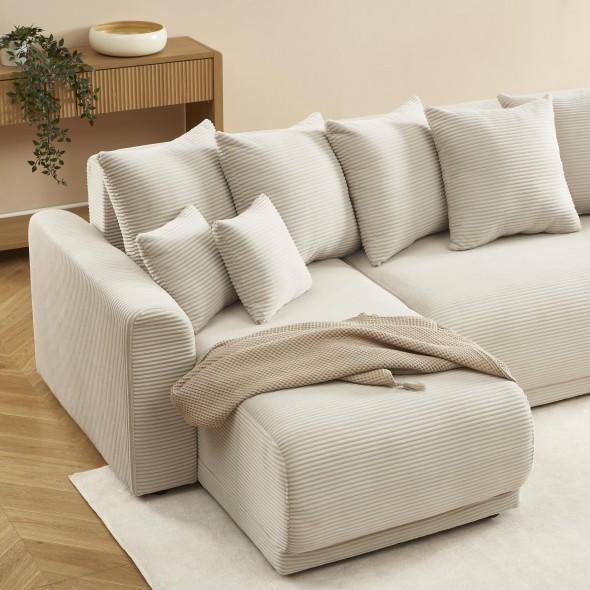 Canapé d'angle convertible et réversible 4 places SOLINE velours côtelé beige