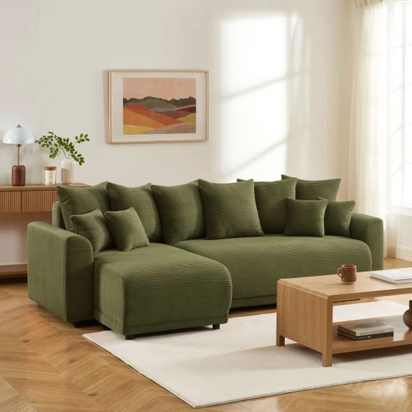 Canapé d'angle convertible et réversible 4 places SOLINE velours côtelé vert