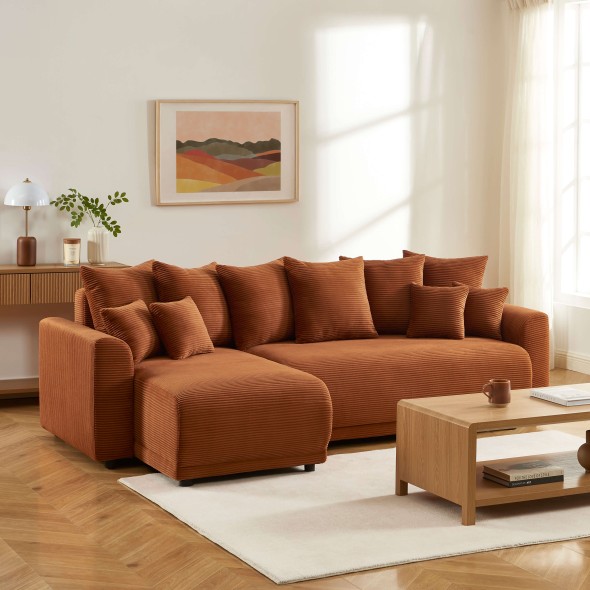 Canapé d'angle convertible et réversible 4 places SOLINE velours côtelé terracotta