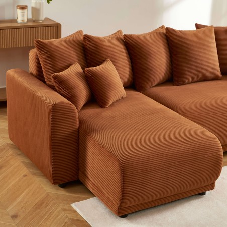 Canapé d'angle convertible et réversible 4 places SOLINE velours côtelé terracotta