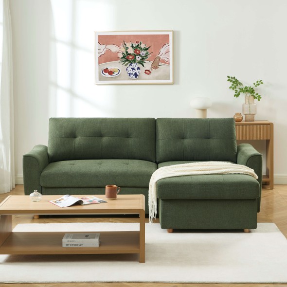 Canapé d'angle convertible et réversible TAMARA 4 places tissu texturé vert