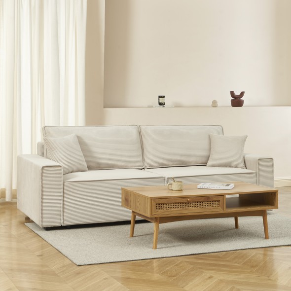 Canapé droit convertible 3 places ZOLA velours côtelé beige