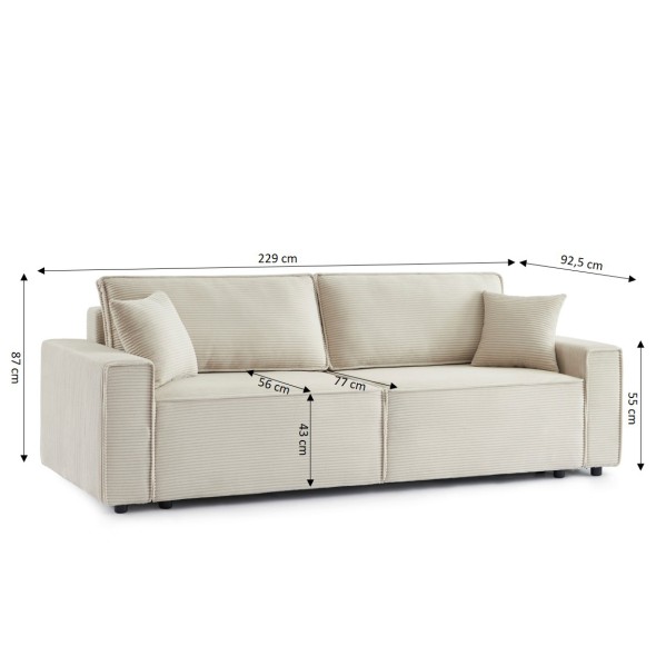 Canapé droit convertible 3 places ZOLA velours côtelé beige