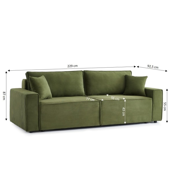 Canapé droit convertible 3 places ZOLA velours côtelé vert