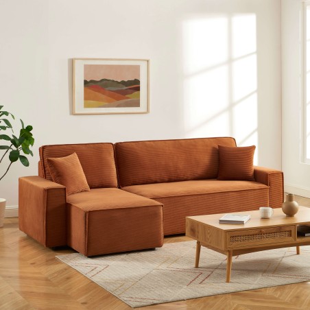 Canapé d'angle convertible et réversible 4 places ZOLA velours côtelé terracotta
