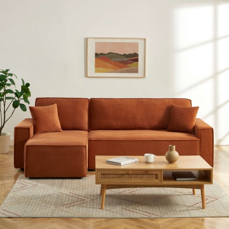 Canapé d'angle convertible et réversible 4 places ZOLA velours côtelé terracotta