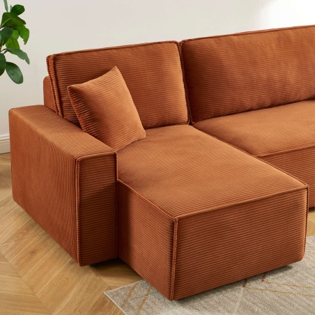Canapé d'angle convertible et réversible 4 places ZOLA velours côtelé terracotta