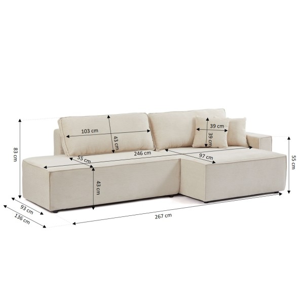 Canapé d'angle droit ouvert convertible ZOLA 4 places velours cotelé beige