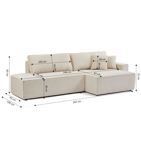 Canapé d'angle droit ouvert convertible ZOLA 4 places velours cotelé beige