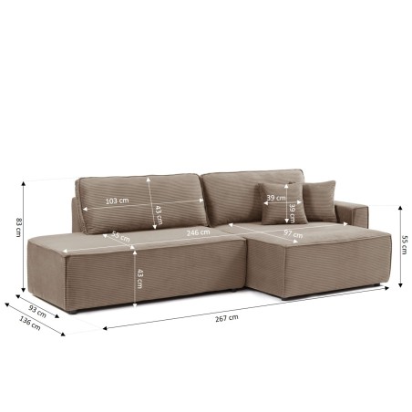 Canapé d'angle droit ouvert convertible ZOLA 4 places velours cotelé taupe
