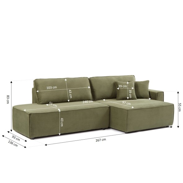 Canapé d'angle droit ouvert convertible ZOLA 4 places velours cotelé vert