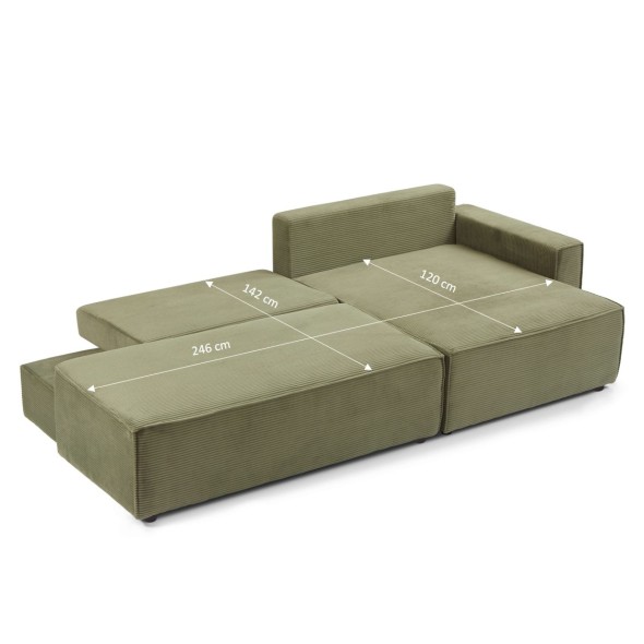 Canapé d'angle droit ouvert convertible ZOLA 4 places velours cotelé vert