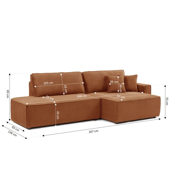 Canapé d'angle droit ouvert convertible ZOLA 4 places velours cotelé terracotta