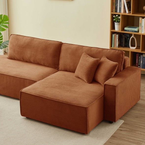 Canapé d'angle droit ouvert convertible ZOLA 4 places velours cotelé terracotta