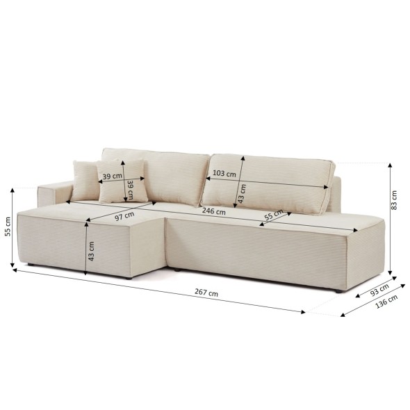 Canapé d'angle gauche ouvert convertible ZOLA 4 places velours cotelé beige