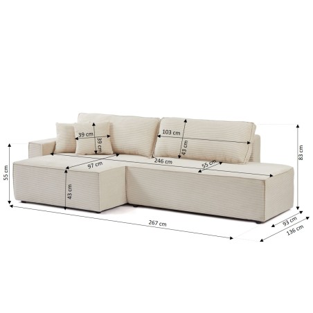 Canapé d'angle gauche ouvert convertible ZOLA 4 places velours cotelé beige
