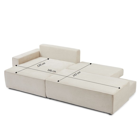 Canapé d'angle gauche ouvert convertible ZOLA 4 places velours cotelé beige