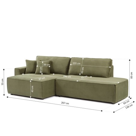 Canapé d'angle gauche ouvert convertible ZOLA 4 places velours cotelé vert