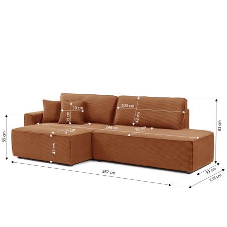Canapé d'angle gauche ouvert convertible ZOLA 4 places velours cotelé terracotta