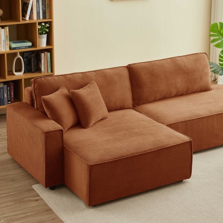 Canapé d'angle gauche ouvert convertible ZOLA 4 places velours cotelé terracotta
