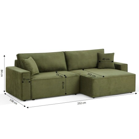 Canapé d'angle convertible et réversible ZOLA 4 places velours côtelé vert