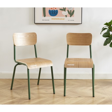 Lot de 2 chaises PANTONE vert olive et placage frêne pieds métal