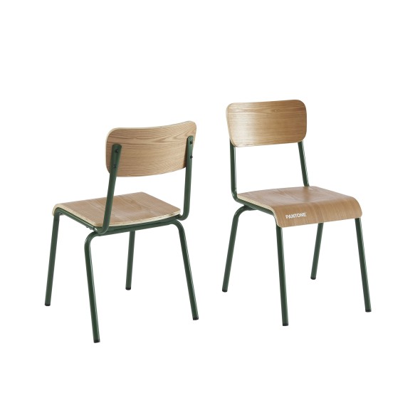 Lot de 2 chaises PANTONE vert olive et placage frêne pieds métal