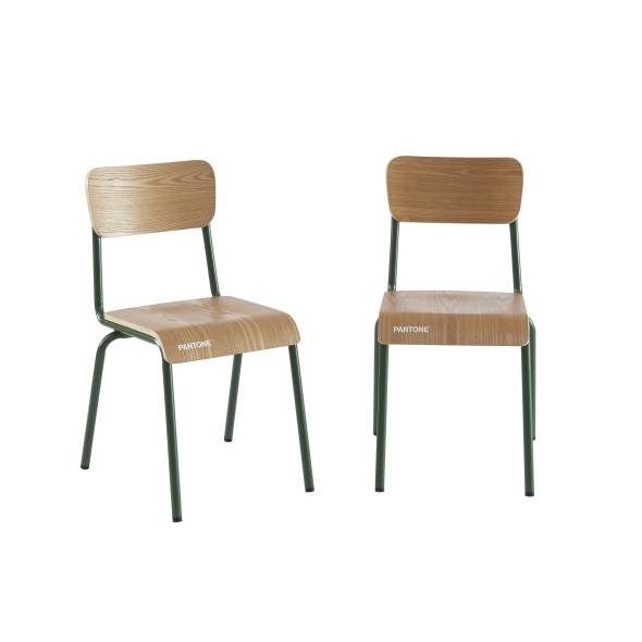 Lot de 2 chaises PANTONE vert olive et placage frêne pieds métal