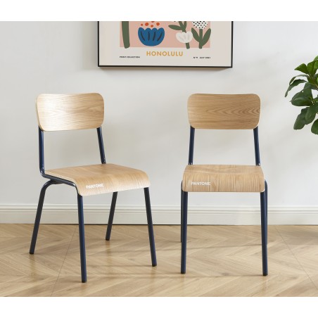 Lot de 2 chaises PANTONE bleu nuit et placage frêne pieds métal