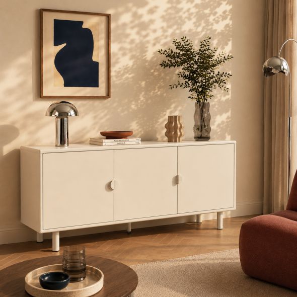 Buffet PANTONE métal beige tofu 3 portes 160cm