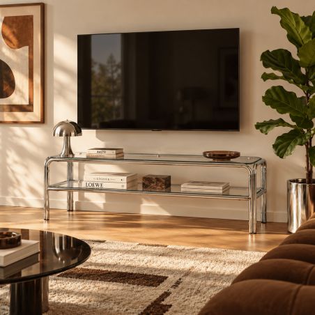 Meuble TV MAGGY verre trempé transparent structure en chrome
