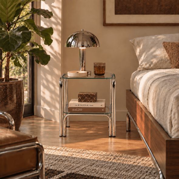 Table de chevet MAGGY verre trempé tranparent structure en chrome