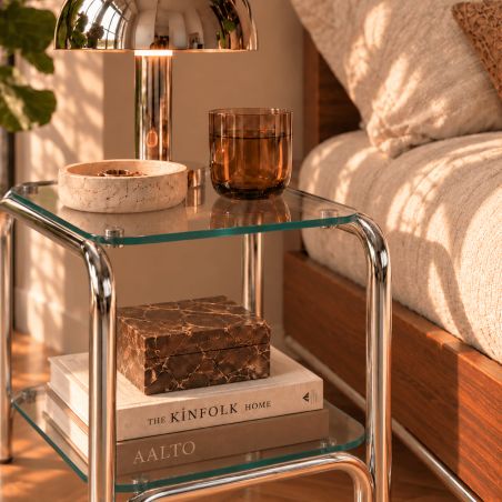 Table de chevet MAGGY verre trempé tranparent structure en chrome