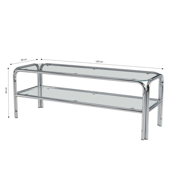 Meuble TV MAGGY verre trempé transparent structure en chrome
