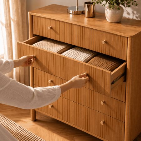 Commode CLEO placage chêne 5 tiroirs 90cm