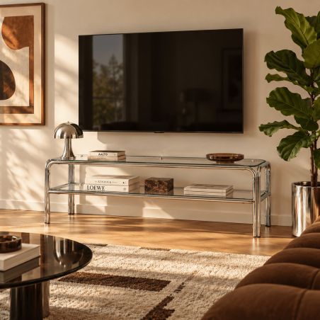 Meuble TV MAGGY verre trempé transparent structure en chrome