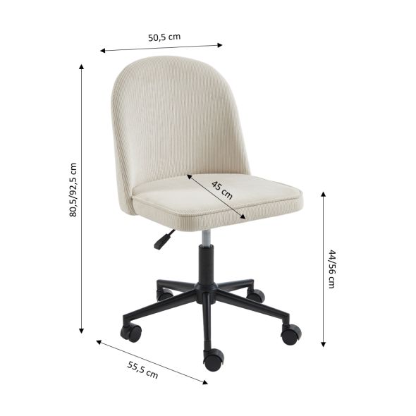 Chaise de bureau GRETA velours côtelé blanc 5 roulettes