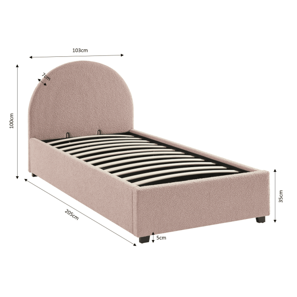 Lit coffre OLAF tissu bouclette rose 90x190 sommier inclus