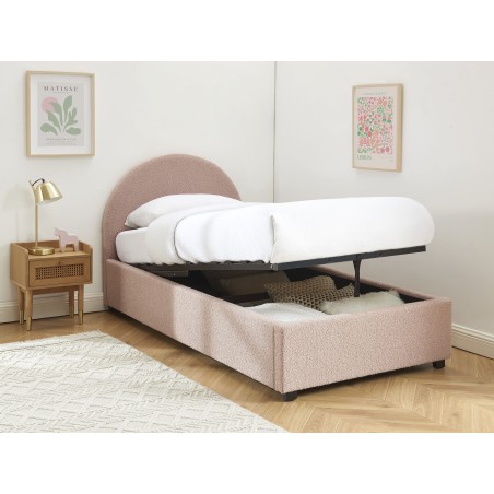 Lit coffre OLAF tissu bouclette rose 90x190 sommier inclus