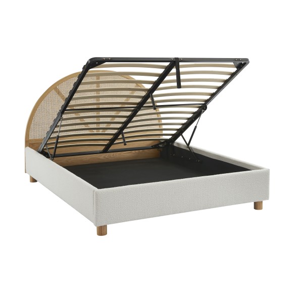 Lit coffre TSUKI bouclette écru et cannge sommier 160x200 inclus