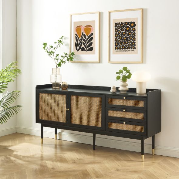 Buffet LEON placage chêne noir et cannage rotin 180cm