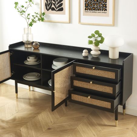 Buffet LEON placage chêne noir et cannage rotin 180cm