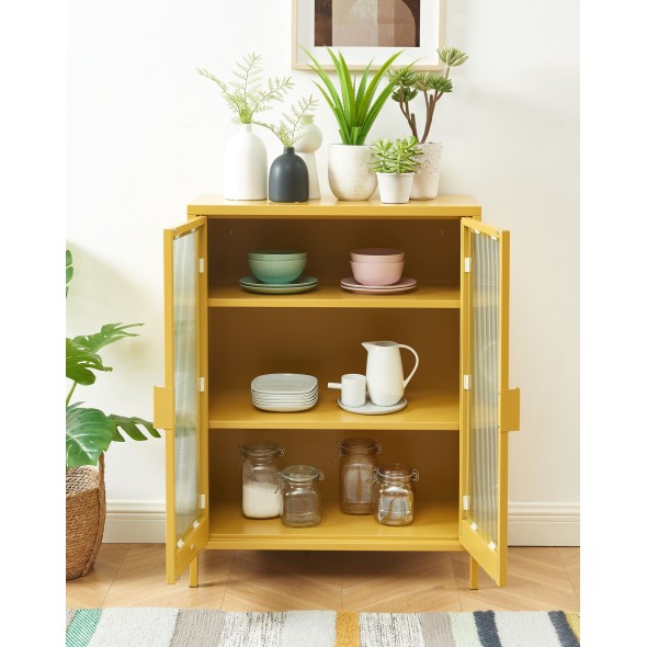 Buffet PANTONE jaune moutarde portes en verre cannelé