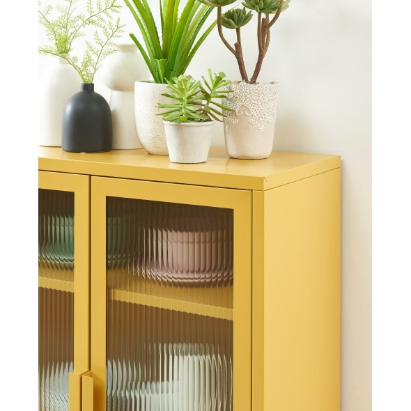 Buffet PANTONE jaune moutarde portes en verre cannelé