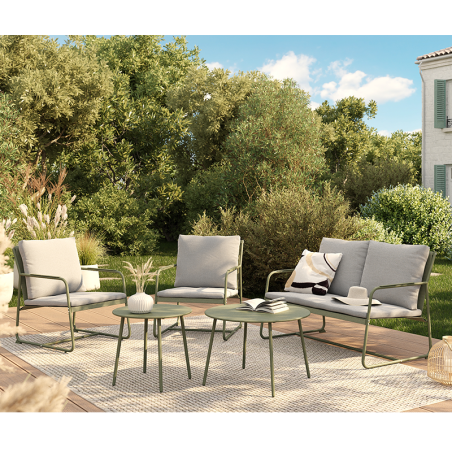 Salon de jardin PANTONE 4 places en acier kaki et coussins gris clair