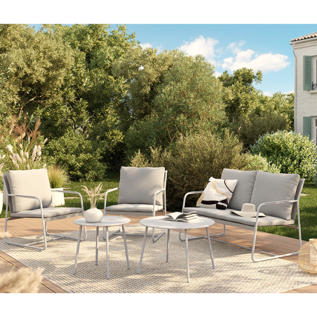 Salon de jardin PANTONE 4 places en acier gris et coussins gris clair