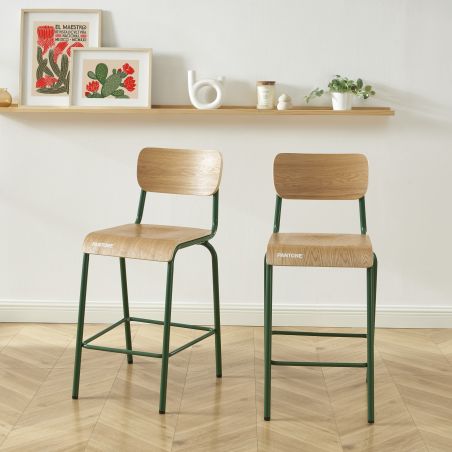 Lot 2 chaises de bar PANTONE vert olive et placage frêne pieds métal